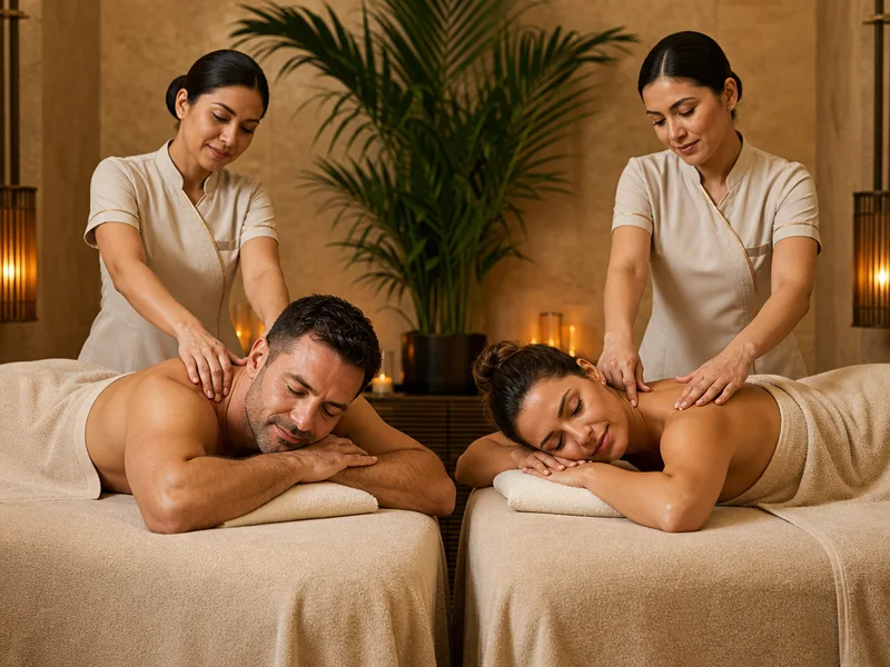 Illustration of two adult guests receiving a couples massage on separate tables