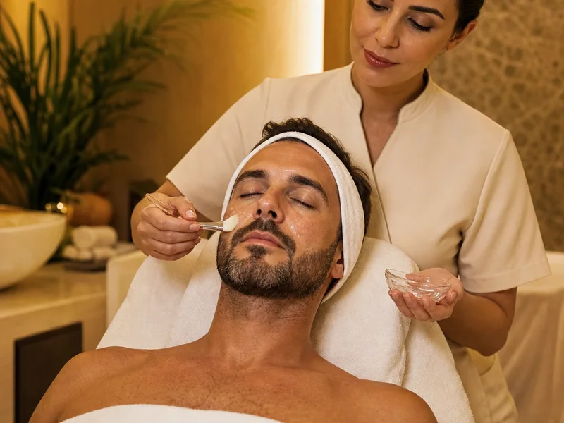 Illustration of a male guest receiving a facial treatment