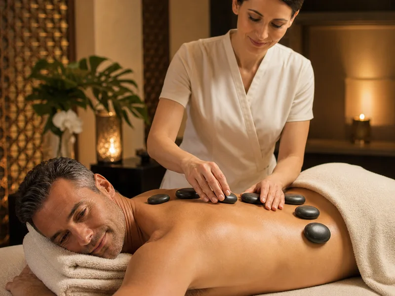 Illustration of a male guest receiving a hot stone massage